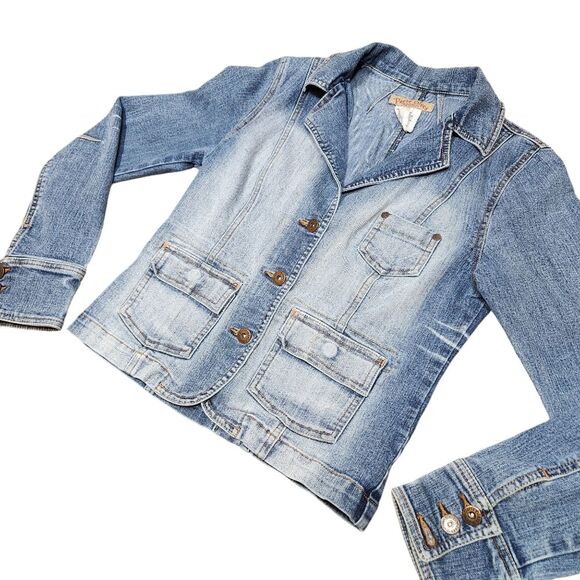 Vintage Y2k Paris Blues Jean Jacket 90s Denim Blazer Blue Faded Fitted Burnout S - Picture 2 of 11